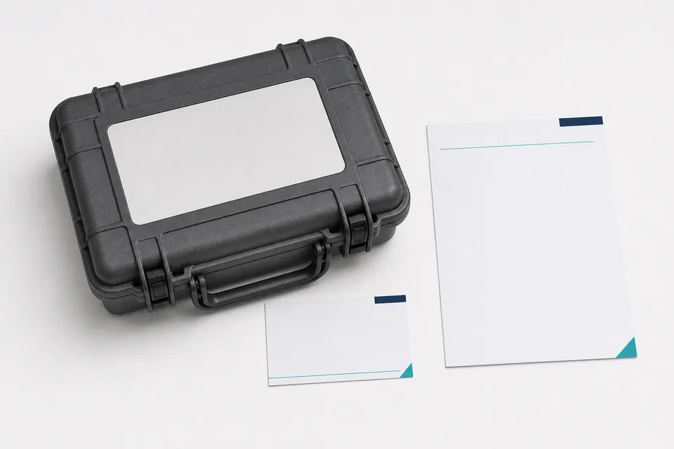 Illustrative concept configuration showing a blank case label, instruction card and monitoring log